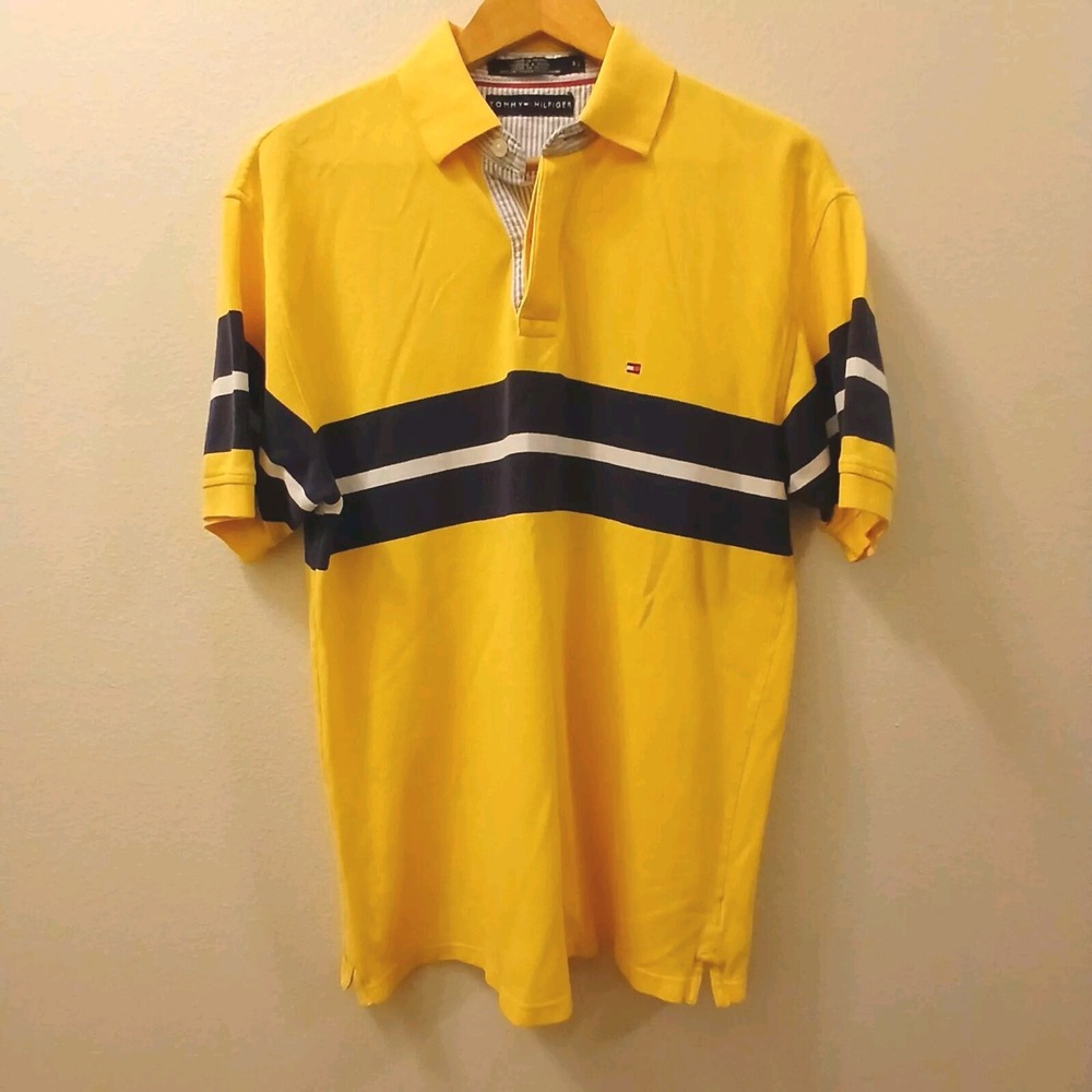 Vintage Tommy Hilfiger Polo Shirt Men's Med Short Sleeve Logo Embroidered Yellow